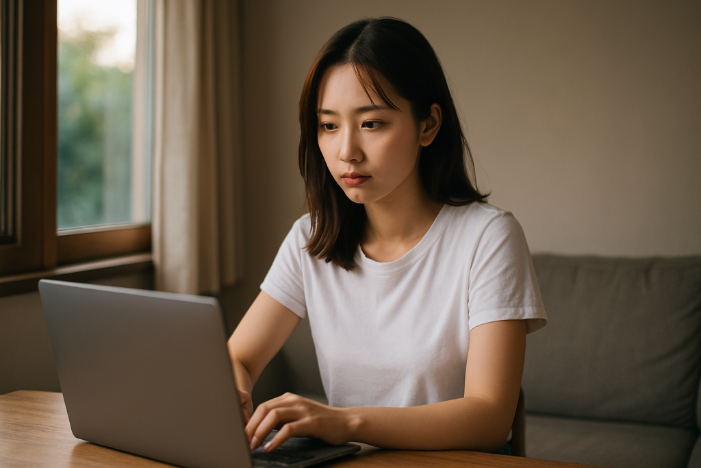 夕方の部屋でノートパソコンを見つめる日本人女性。白のTシャツにブルーのスリムジーンズ姿で、占いに答えを求めるような真剣な表情。