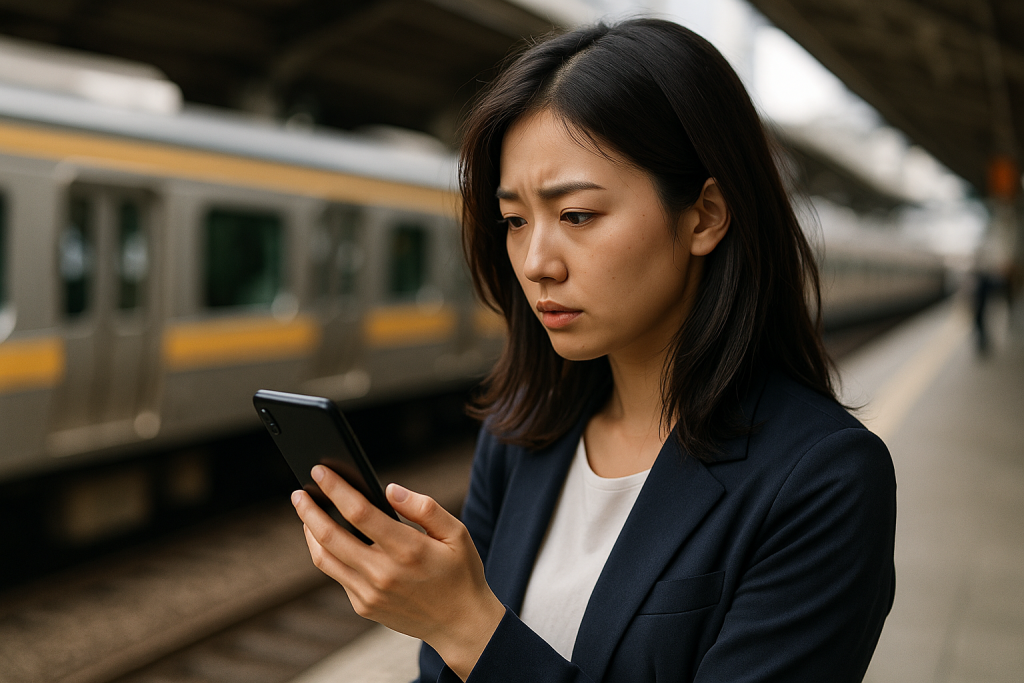 電車のホームでスマホを見つめる女性。不安と戸惑いが表情ににじむ。