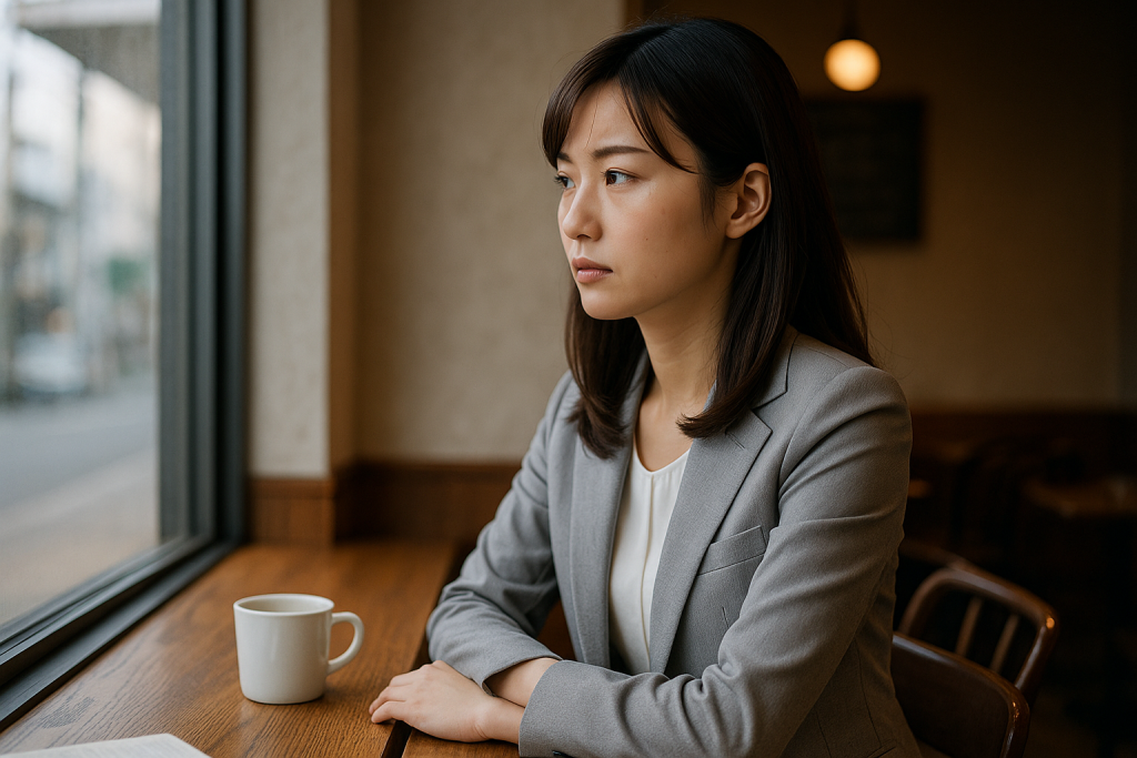カフェの窓際で物思いにふける女性。彼の言動を思い返しながら、脈なしなのか可能性があるのかを冷静に考えている場面。