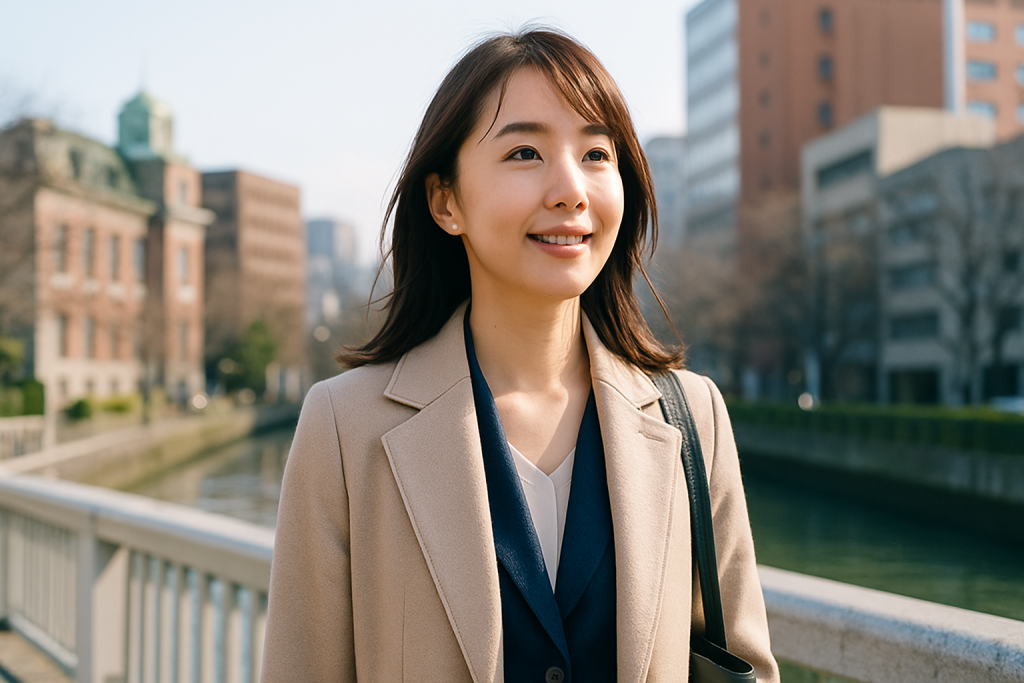 橋の上を歩くスーツ姿の女性。前を見つめ、希望を胸に自分を信じ直す静かな朝。