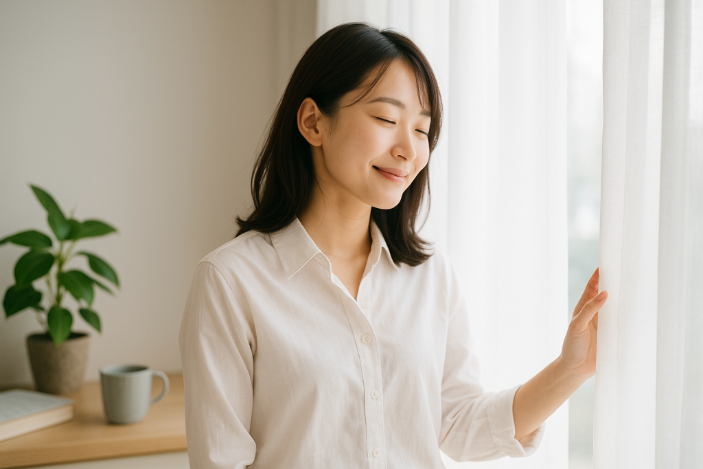 朝の明るい窓辺で、光を浴びて優しく微笑む白シャツ姿の20代日本人女性。そばに観葉植物、本、マグカップが置かれ、希望に満ちた清々しい雰囲気。