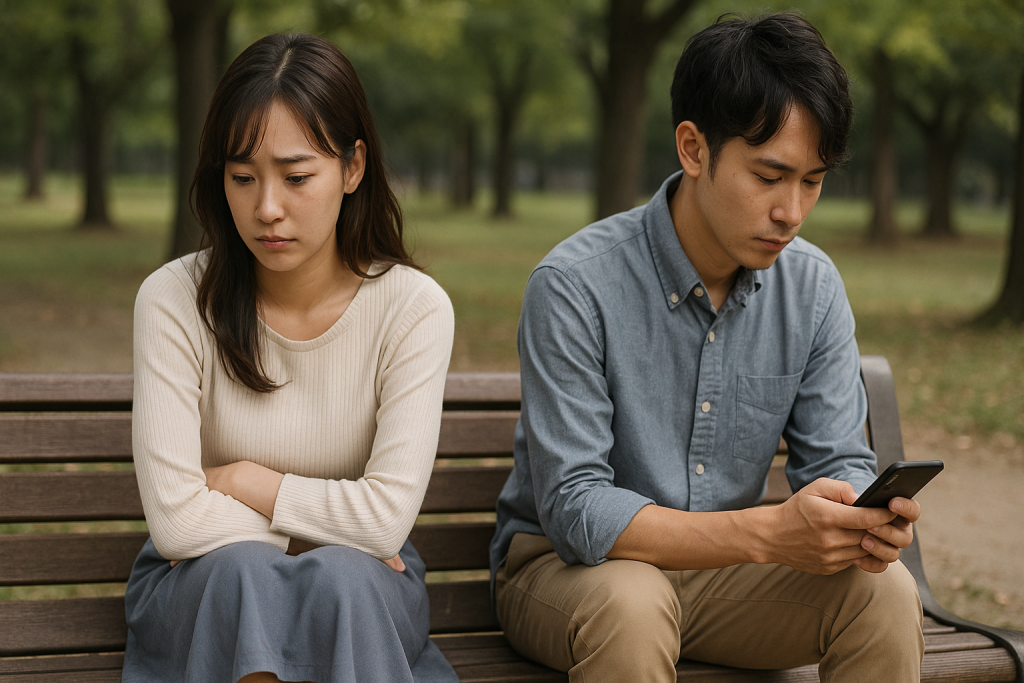 公園のベンチに座るカップル。心がすれ違っているような静かな距離感が切ない。