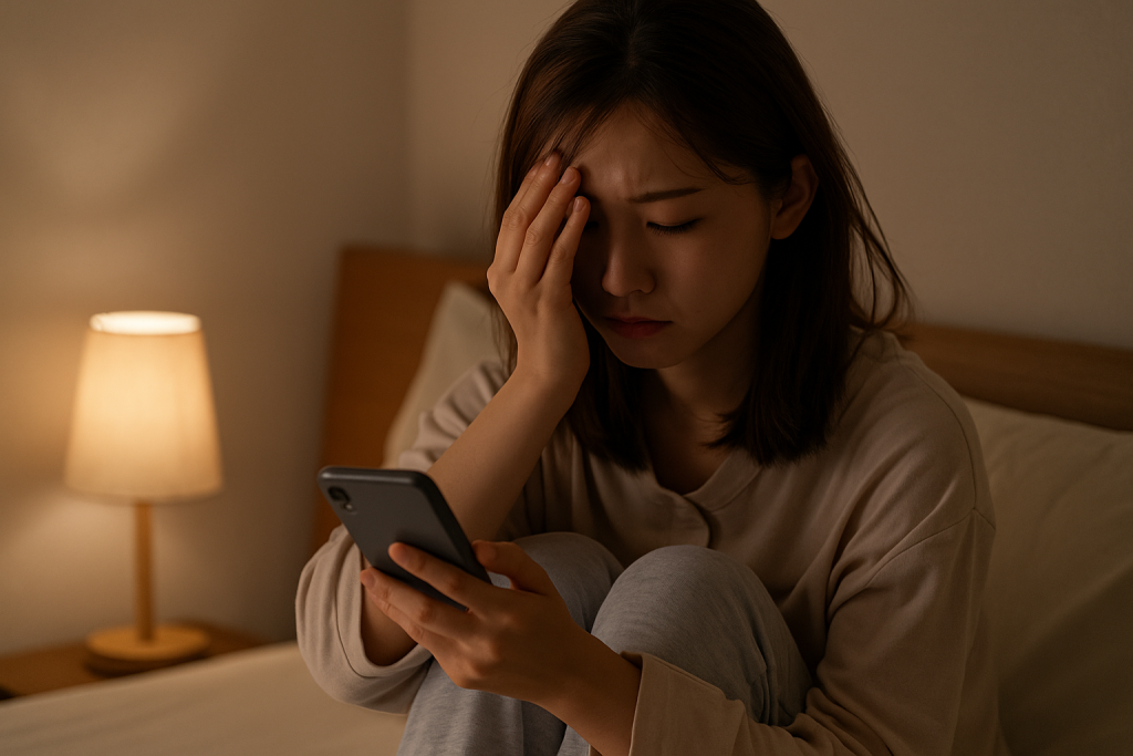 夜の自室で、ベッドの上に座り、膝を抱えてスマホを見つめる20代日本人女性。傷つき、自己否定の表情。