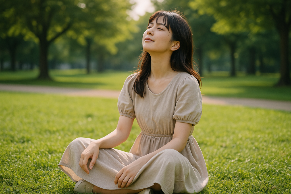 午後の公園で芝生に座り、空を見上げて深呼吸する20代日本人女性。リラックスし、癒しと自分を取り戻す表情。