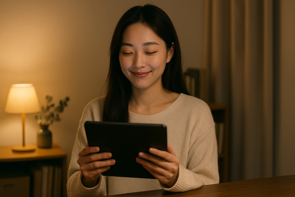 夜、自宅のやわらかな照明の中でタブレットを見つめて安心した表情を浮かべる女性。