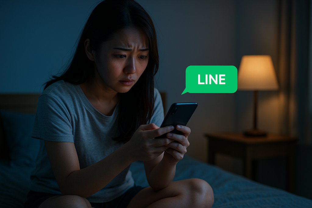 夜の自室でベッドに座り、LINEの通知を見つめて固まる20代の日本人女性。ショートパンツとTシャツ姿で動揺した表情を浮かべている。