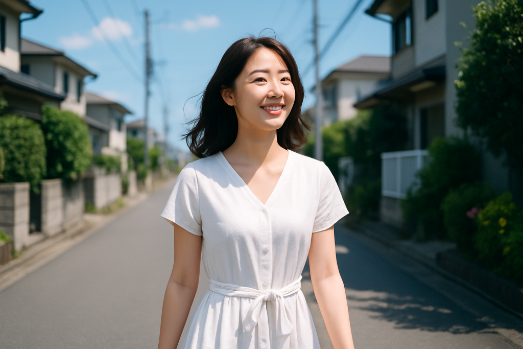 青空の下、住宅街の道を笑顔で歩く女性。前向きな決意と晴れやかな未来を感じさせる姿。