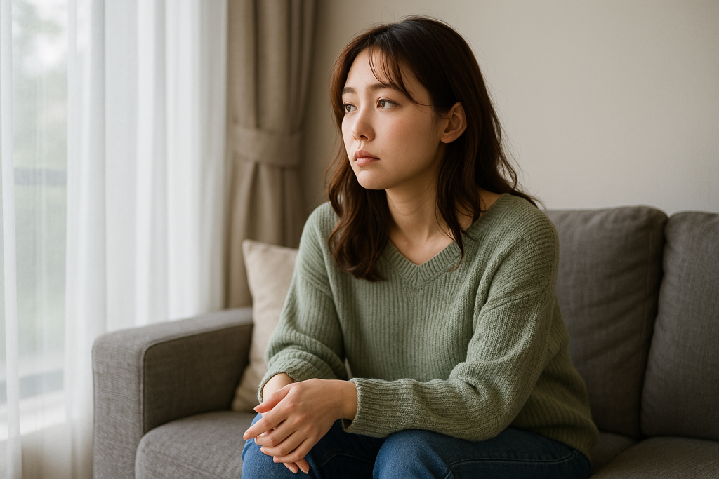 休日の午後、自宅リビングで窓の外を見つめるニットとジーンズ姿の20代日本人女性。自分と向き合い、一歩踏み出したい静かな時間