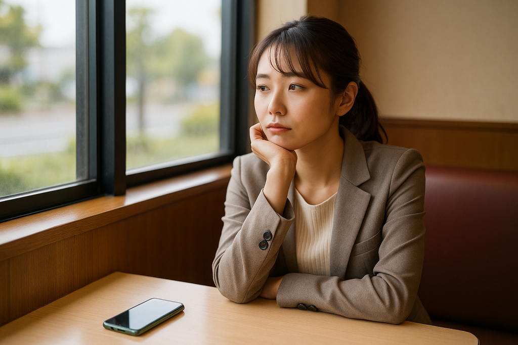 昼のファミレス窓際で、スマホを置き、戸惑いながら窓の外を見つめる20代の日本人女性、オフィスカジュアルのジャケット姿