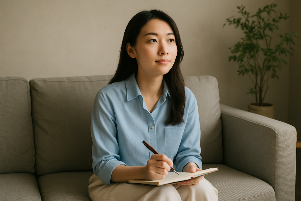 ソファに座ってノートに気持ちを綴る20代の日本人女性。穏やかな表情で未来を見据えている。薄いブルーのシャツと白のワイドパンツ姿。