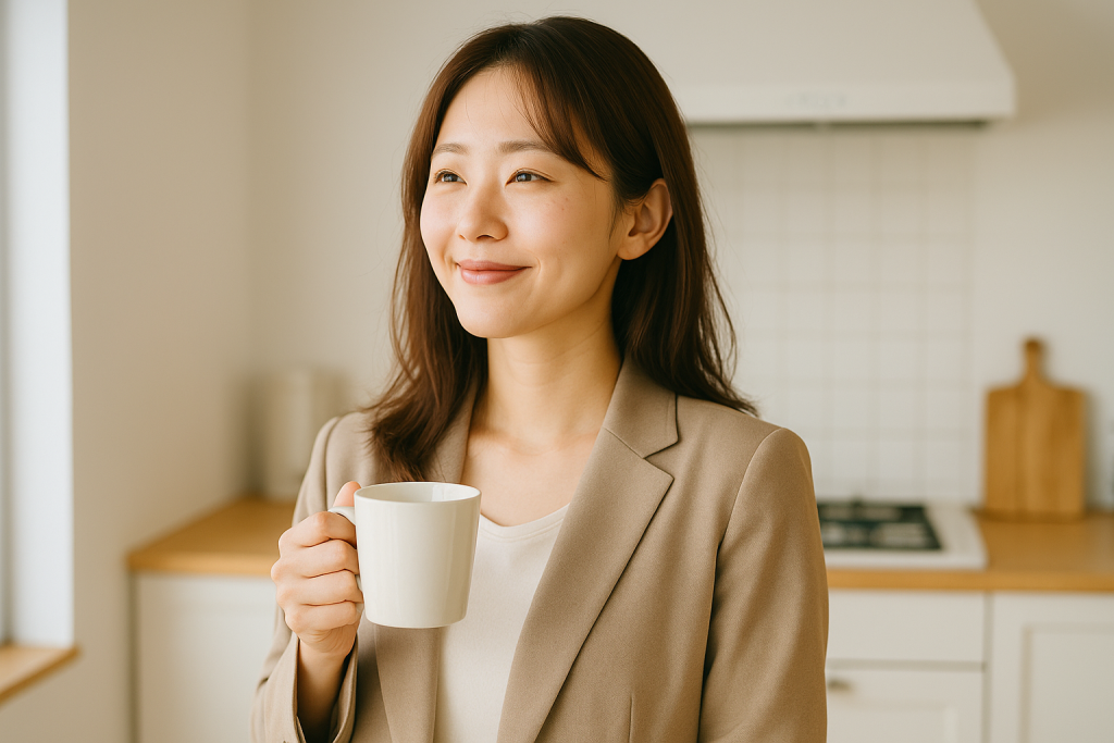 明るいキッチンでカップを片手に微笑む20代日本人女性。安心と希望、「これでいいんだ」と肯定感のある表情。