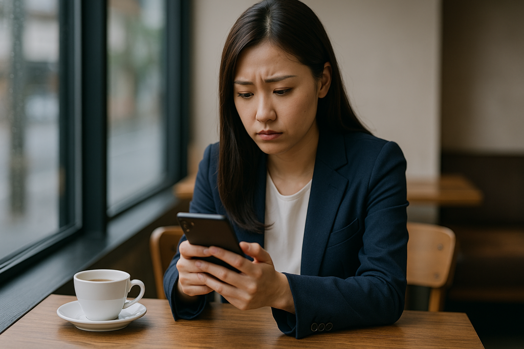 カフェでスマホを見つめる女性。LINEの返信が来ず、戸惑いと寂しさが表情ににじむ。