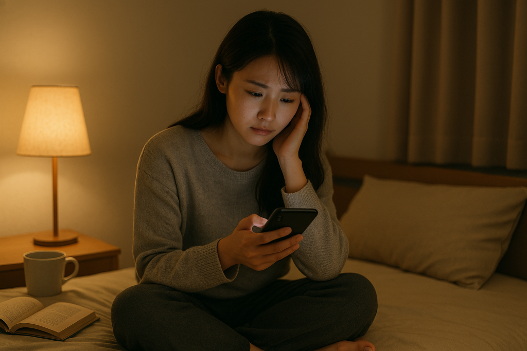 夜の寝室、ベッドの上でスマホを見つめながら悩む20代の日本人女性。隣にはマグカップと本。静かな光の中で、誰かに気持ちを聞いてほしいと願っている。