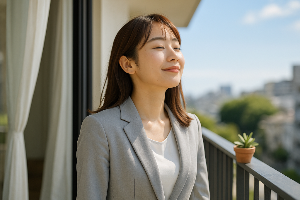 朝のベランダで空を見上げて深呼吸する20代日本人女性。ライトグレーのスーツ姿で、表情は明るく晴れやか。手すりには小さな鉢植え、再出発の明るさと癒しが感じられるシーン。