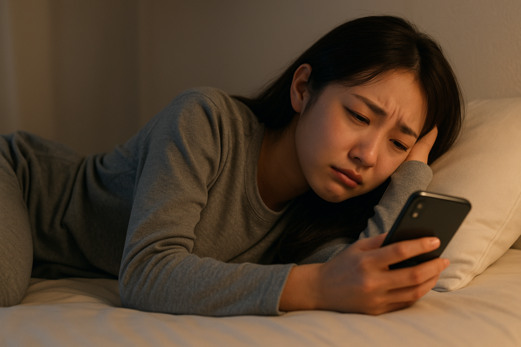 夜の部屋でベッドに横たわりながらスマホを見つめる女性。涙をこらえるような表情に、未読無視の苦しさと感情のやり場のなさがにじんでいる。