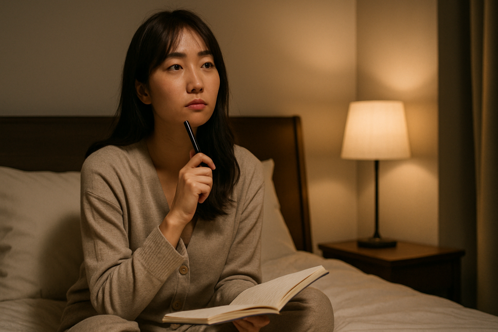 ベッドの上でノートを開き、ペンを持ったまま考え込む女性。悩みを整理しながら、自分の心と静かに向き合っている様子。