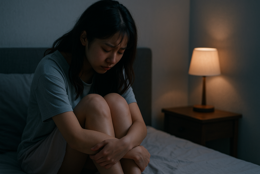 夜のベッドで膝を抱えうつむく日本人女性。ラフな部屋着のワンピース姿で、葛藤と後悔がにじむ静かな時間。