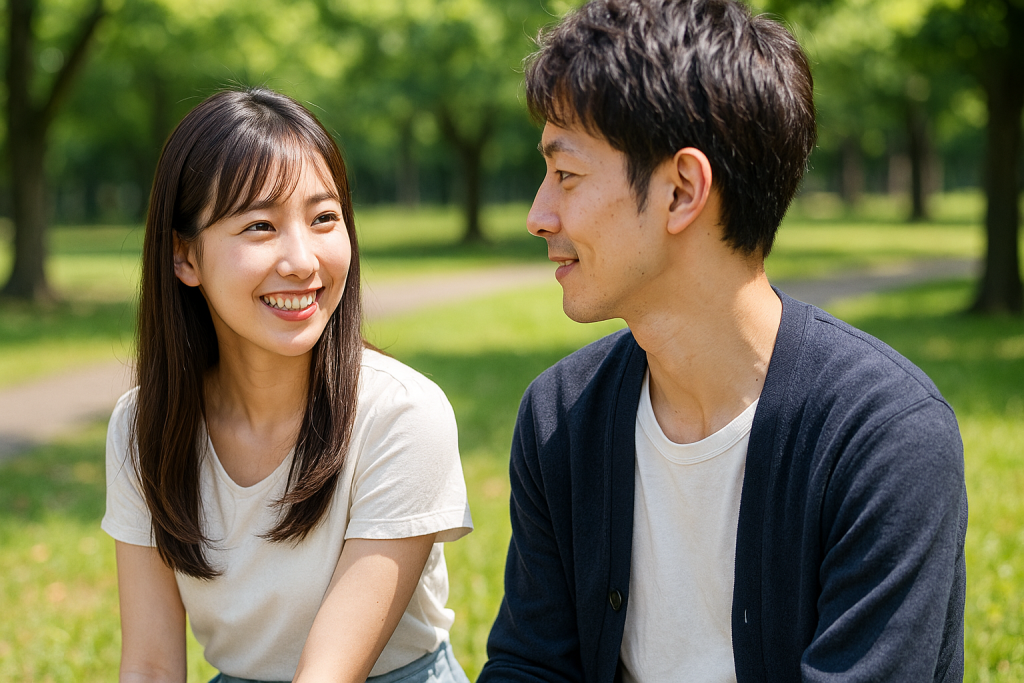 晴れた公園でカップルが向き合い、女性が笑顔で男性を見つめている。会話を楽しむ穏やかなひととき。