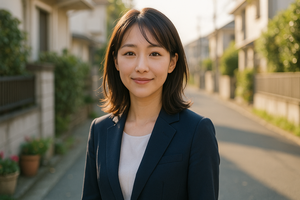 朝の住宅街で優しい笑顔を浮かべる20代女性。静かな光の中で、自分の価値を受け入れ、前を向き始めた姿を描く横長写真。