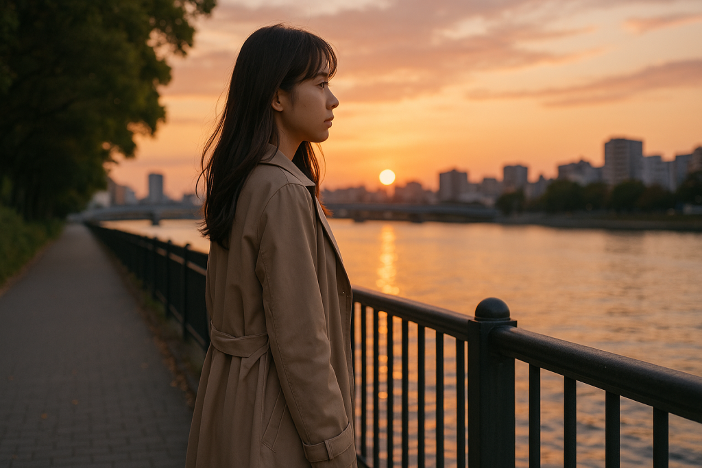 夕暮れの川沿いで立ち止まり、物思いにふける女性の横顔。決断を前にした切なさと強さがにじむ。
