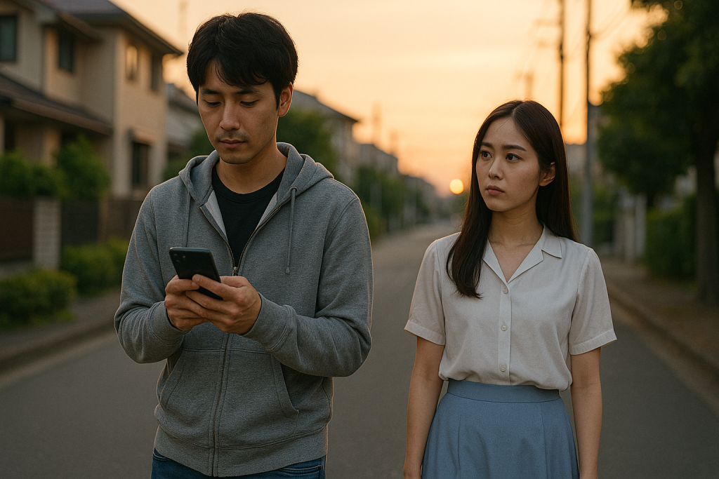 夕暮れの道で距離を置いて歩くカップル。男性はスマホに夢中で、女性はその背中を見つめながら、沈黙の中に不安と寂しさを感じている。