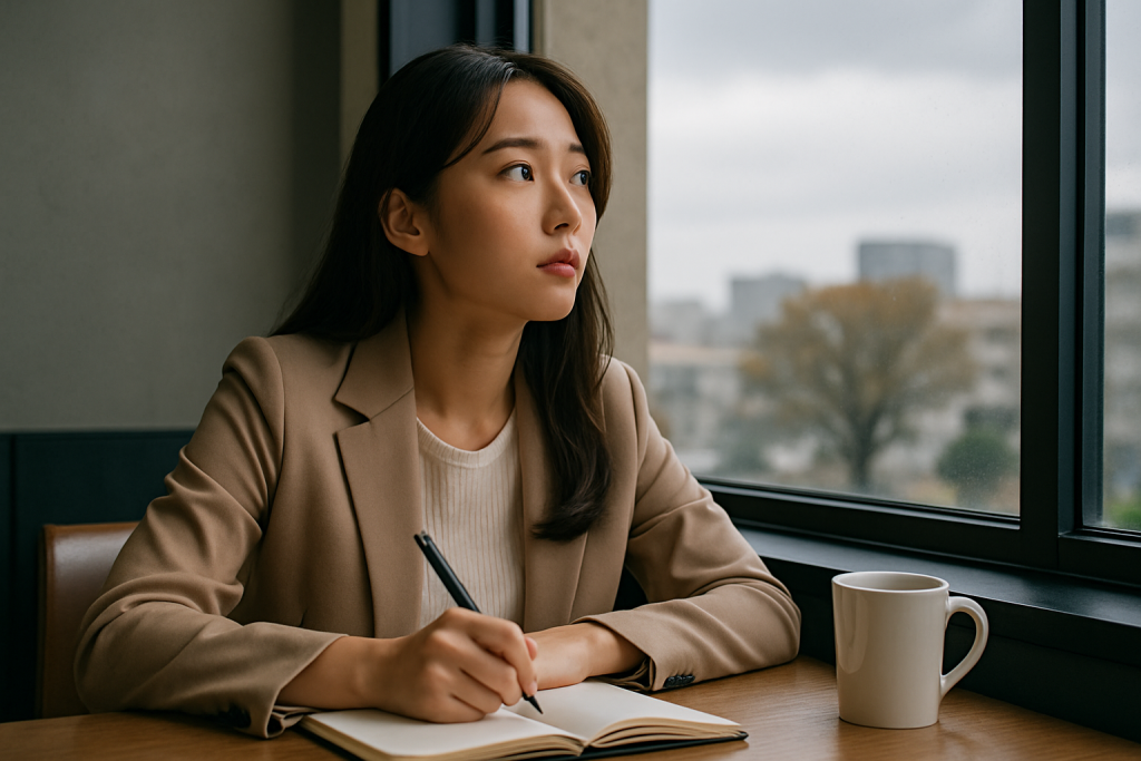 カフェの窓辺で曇り空を見つめる女性。ノートに想いを綴る時間に、心の整理と前向きな変化が表れている。