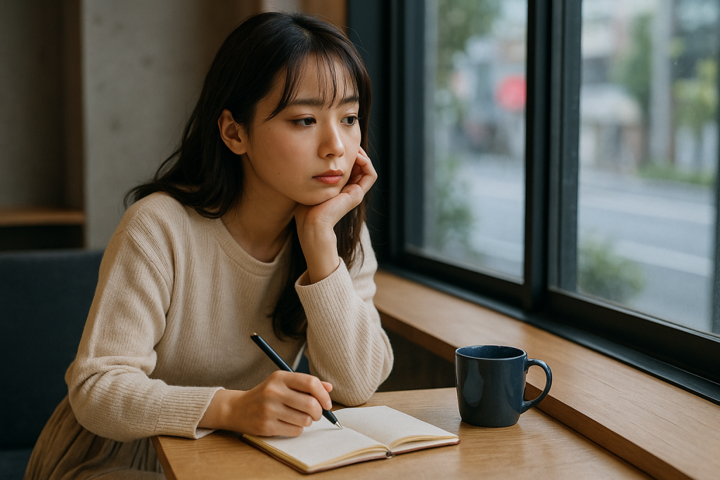 昼のカフェ窓際でノートに手を止めて考え込む20代の日本人女性。やわらかなニットとロングスカート、迷いと自責の表情。