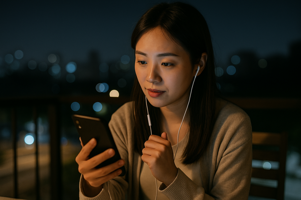 夜のベランダでスマホ相談する日本人女性。イヤフォンをつけて画面越しにうなずく表情から、誰かに頼ることで少し希望を感じている様子が伝わる。
