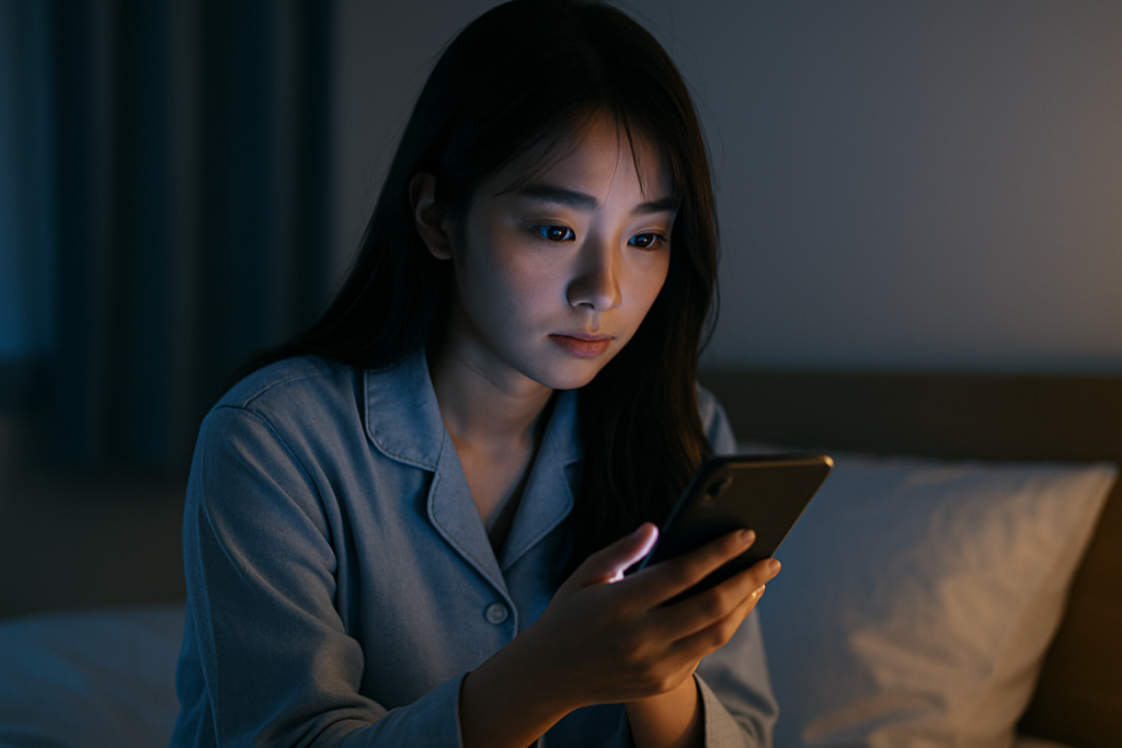 夜の寝室でスマホを見つめる淡いブルーのパジャマ姿の女性。画面の光に照らされた表情に静かな迷いがにじむ