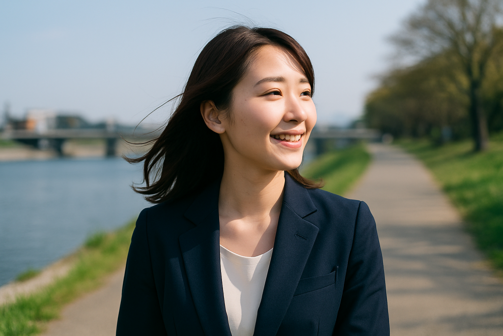 晴れた川沿いの道を歩く女性。前を向いて微笑む表情に希望と再出発の気配。