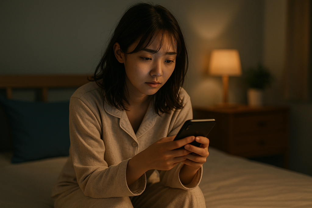 夜、自室のベッドでパジャマ姿の20代日本人女性がスマホを見つめ、迷いや孤独を感じている様子