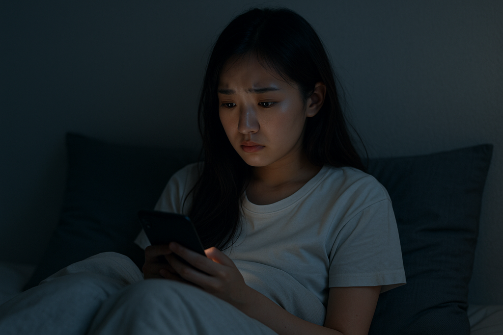 夜の寝室でスマホを見つめる女性。連絡が来ず、不安そうな表情で一人ベッドに座っている様子。