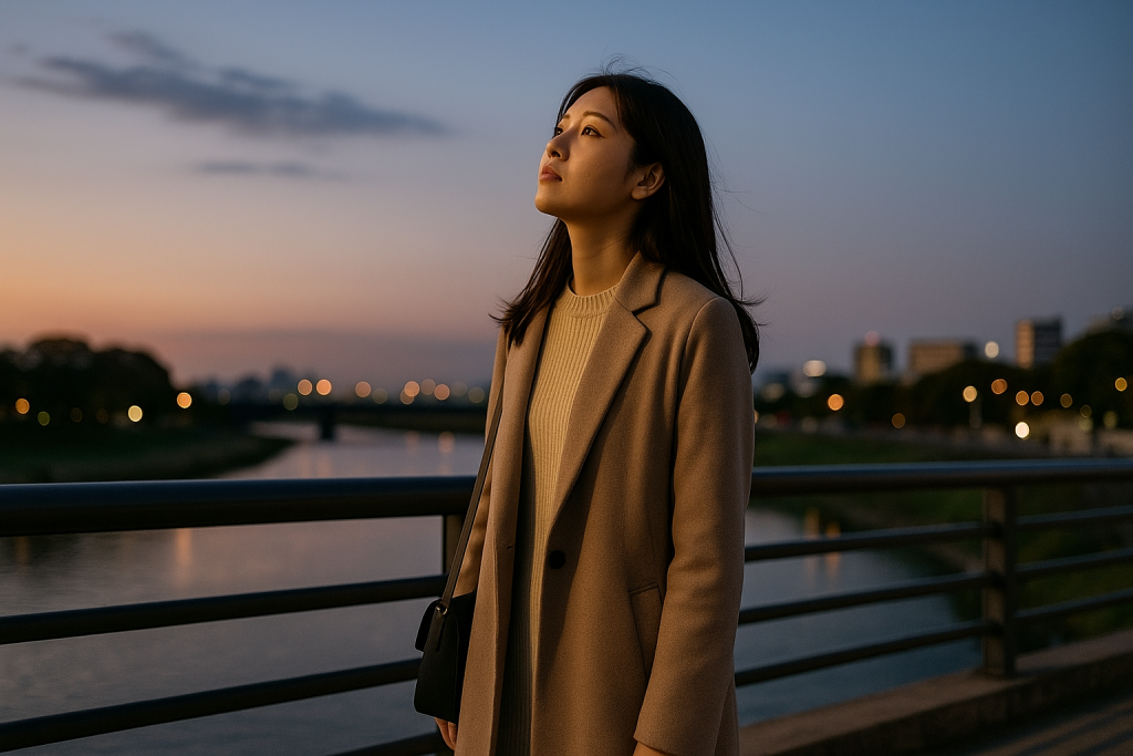 夕暮れの橋の上で、空を見上げる女性。風に髪がなびき、前を向こうとする静かな決意がにじむ。