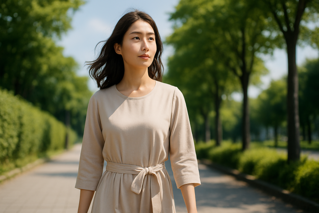 晴れた午後の歩道を、ゆっくりと歩く女性。髪が風に揺れ、明るい空と緑に包まれながら前を向いて進む姿に静かな強さが宿る。