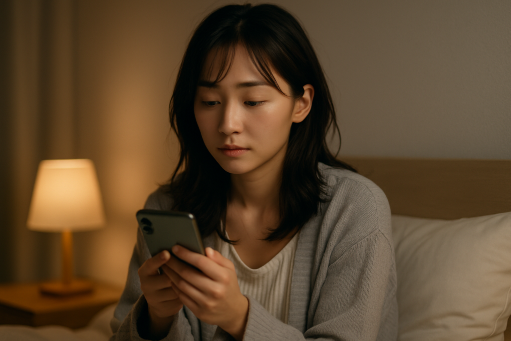 夜の寝室でベッドに座り、スマホを見つめながら迷いと静かな希望を感じる20代女性の横長写真。