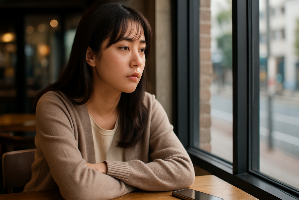 カフェの窓際で、外をぼんやり見つめる女性。心ここにあらずな表情が、恋に期待しなくなった静かな気づきを映し出している。