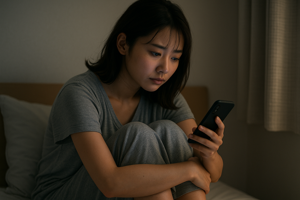 夜のベッドでスマホを見つめる女性。頼りたい気持ちと迷いが表情ににじむ。