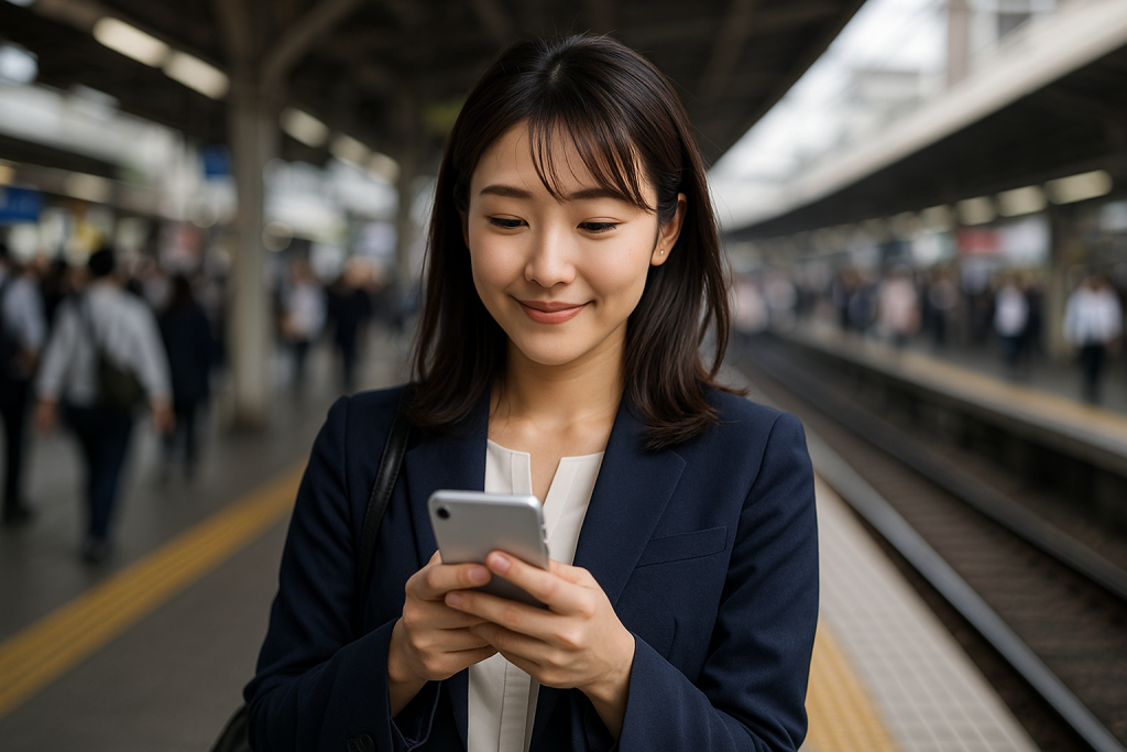 駅のホームでスマホを見ながら微笑む20代の日本人女性。ネイビースーツ姿で、少しの期待と戸惑いを感じさせる表情をしている。