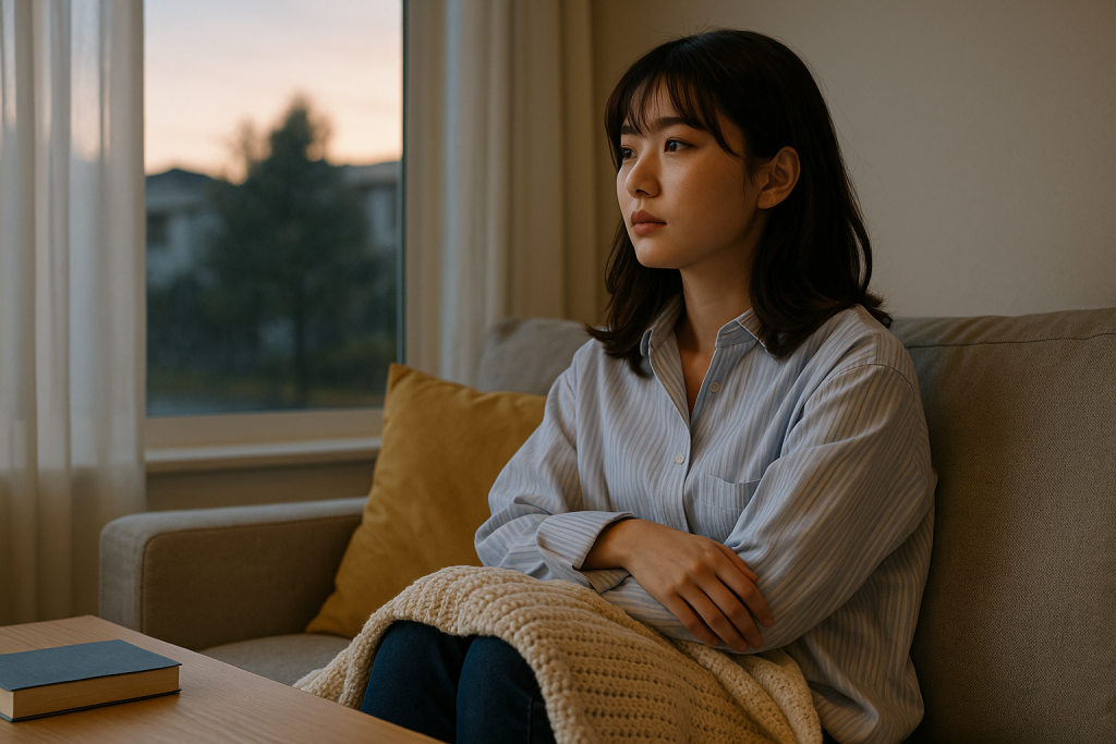 夕方のリビングで、ソファに座りブランケットをかけて窓の外を眺める20代日本人女性。優しい弱さと頼りたい気持ちが伝わる静かな表情。