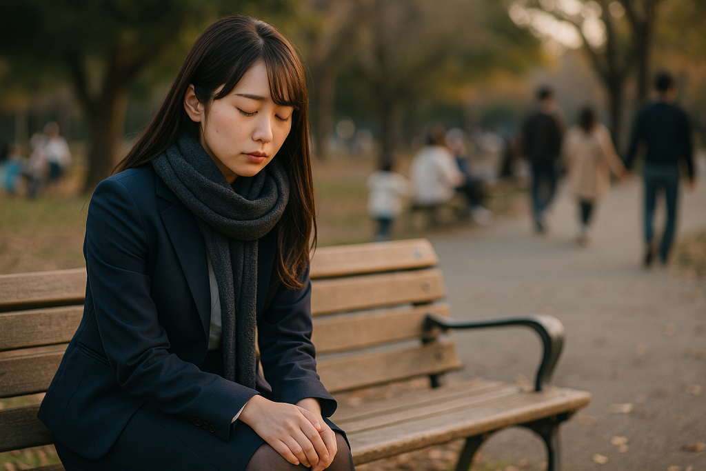 公園のベンチでうつむき、周囲の幸せな空気から取り残されたような表情の20代女性。孤独と心のざわつきを静かに抱える様子が伝わる横長写真。