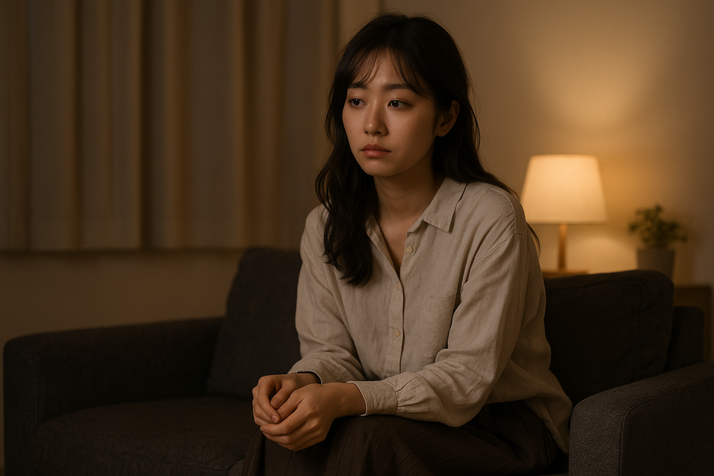 夜の自宅でソファに座り、感情を抑えきれずにぼんやりと遠くを見つめる20代女性の切ない横長写真