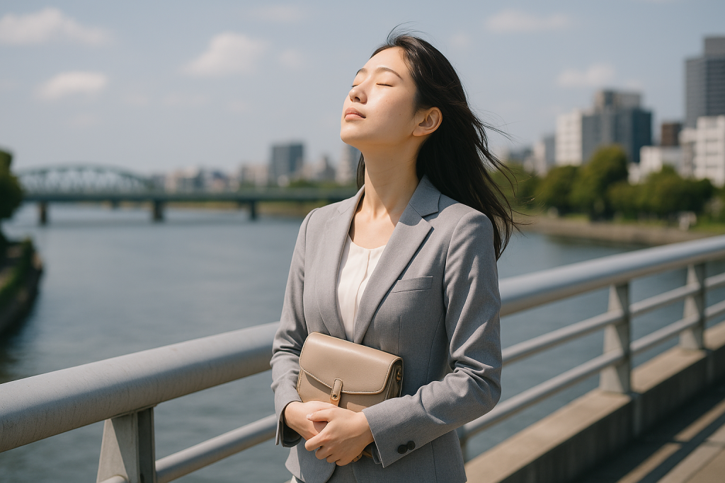 橋の上で空を見上げて深呼吸する女性。限界を感じながらも心を整え、少しずつ前を向こうとする決意の瞬間。