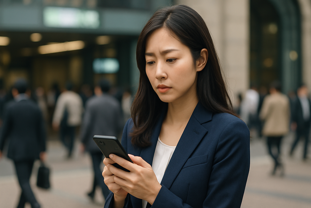 朝の駅前、人波のなかでスマホを見つめる20代の日本人女性。昨日のLINEの意味を考えながら、立ち止まって静かに思案している。