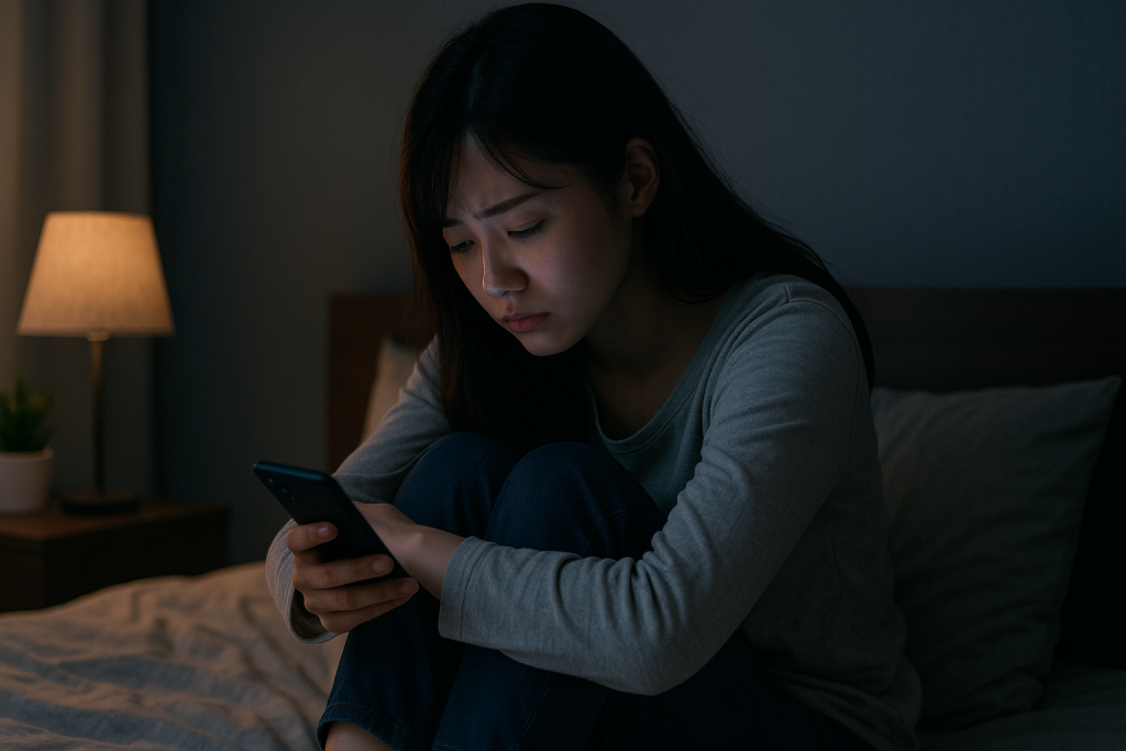 夜の自室でスマホを見つめる膝抱え姿の女性。決断を迷うような切ない表情が印象的。