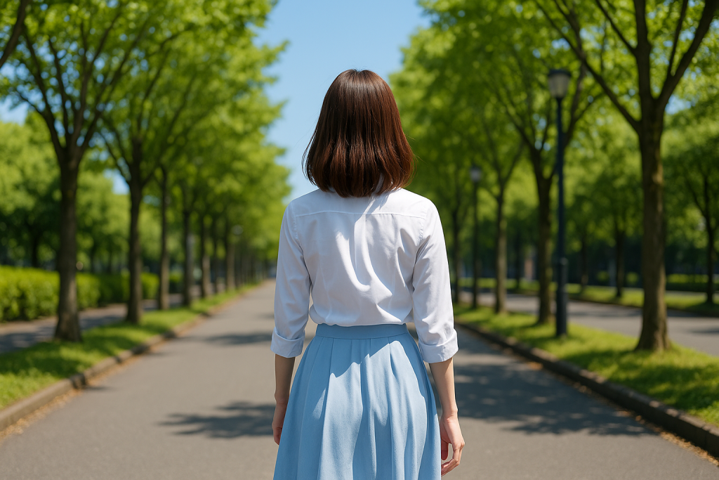 並木道を歩く日本人女性の後ろ姿。白いYシャツとライトブルーのスカートを着て、晴れた空の下で未来に向かう前向きな印象。