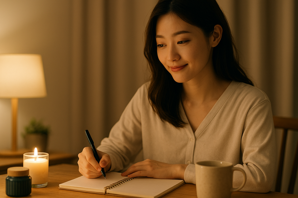 夜の静かな部屋で、テーブルに座りノートに書き込みながら安心した表情を浮かべる20代女性。そばにはアロマと温かい飲み物。