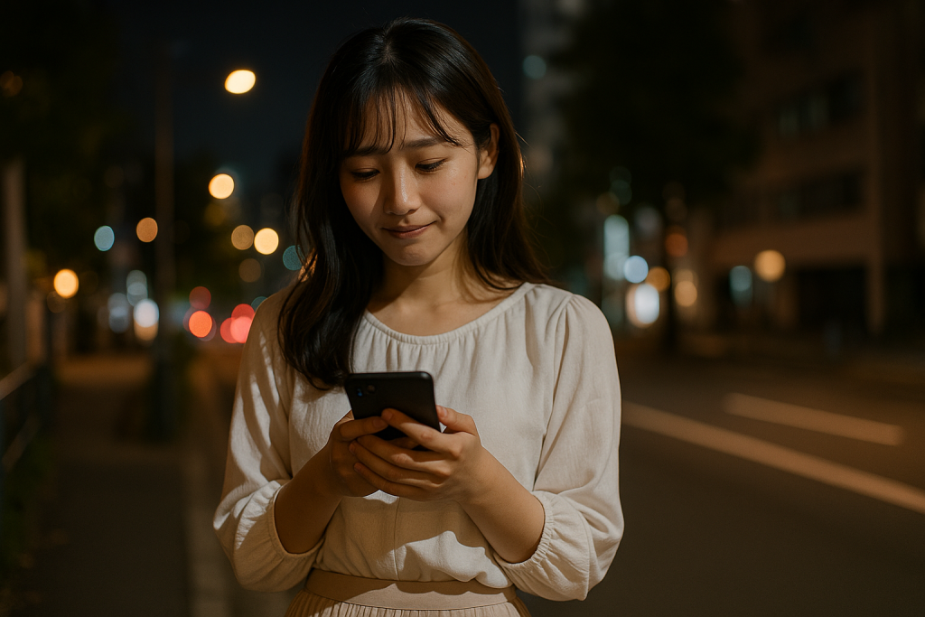 夜の帰り道でスマホを見つめる若い女性。表情は切なさと微かな笑顔が交差し、曖昧な関係に揺れる気持ちがにじむ。白いブラウスと淡いスカートを着ており、背景にはぼんやりと街の灯りがにじんでいる。