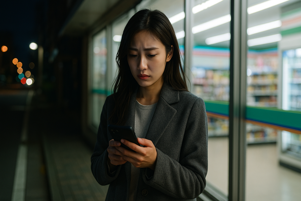 夜のコンビニ前でスマホを見つめる日本人女性。グレーのロングコートを着て、寂しさと不安を感じさせる表情。