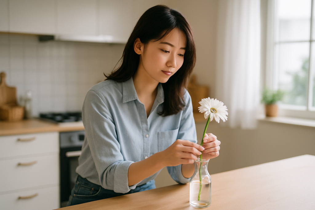 明るいキッチンで白い花を花瓶に挿す20代女性。前に進みたい気持ちと、わずかな光を感じ始める心の変化を静かに表す横長写真。