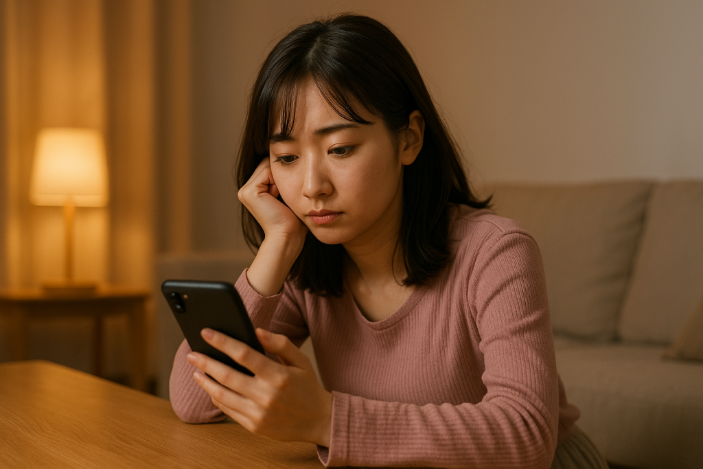 夜の部屋、机に肘をついてスマホを見つめる20代の日本人女性。返信すべきか迷い、言葉を選べずに悩む表情がにじんでいる。
